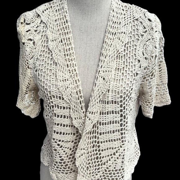 🆕🩷 Gorgeous 100% Cotton Short Sleeved Hand-crocheted Unlined Jacket in Natural - Picture 5 of 5